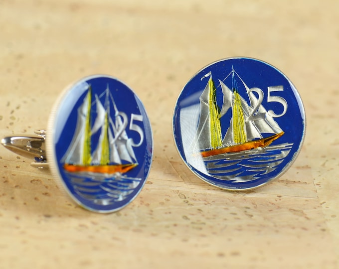 Cufflinks Coins ship coin Cayman Islands.Big Size Coin Collector Gifts,Dad Coin Gift,Upcycled,mens gift accessories jewelry