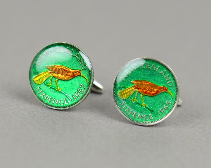 Enamel  Bird Cufflinks - New Zealand  Coin Coin Collector Gifts,Dad Coin Gift,Upcycled,mens gift accessories jewelry