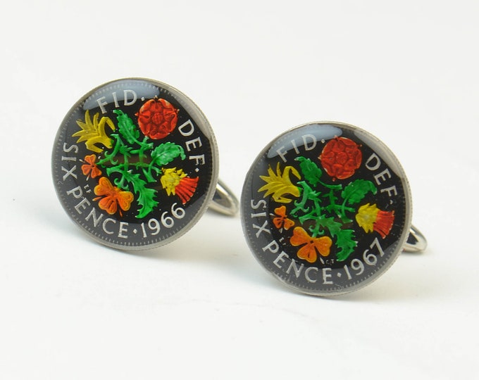 Coin 6 pence  Painted Cufflinks Great Britain.United Kingdom Coin Collector Gifts,Dad Coin Gift,Upcycled,mens gift accessories jewelry