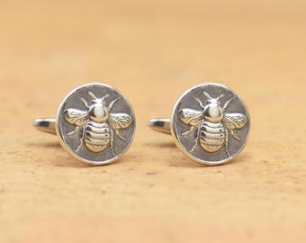 Bee Sterling Silver Cufflinks Handmade: Bee Motif Design, Eco Friendly Materials  , Men’s Formal Wear.Big Size