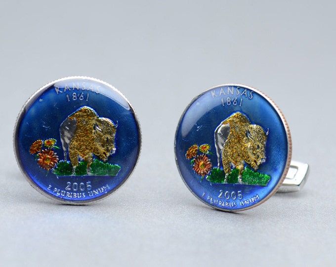 Kansas Cufflinks United States.Mens gift cuff links accessories Coin Collector Gifts,Dad Coin Gift,Upcycled,mens gift accessories jewelry