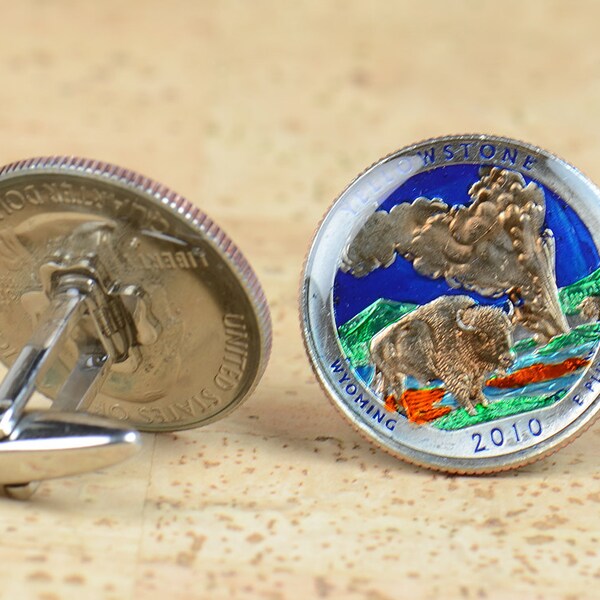 US Cufflinks Yellowstone Coin.Mens gift cuff links accessories.National Park