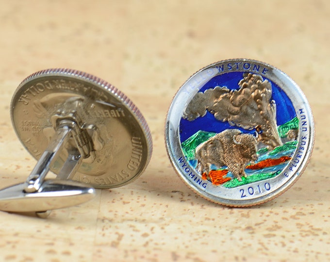US Cufflinks Yellowstone Coin.Mens gift cuff links accessories.National Park