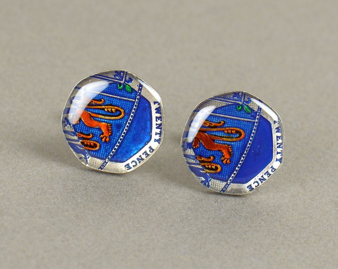 Cufflinks Enameled 20 pence rare coin.United Kingdom.Great Britain Coin Collector Gifts,Dad Coin Gift,Upcycled,mens gift accessories jewelry