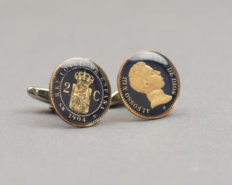 Cufflinks peseta Spain. Original Alfonso XIII coin.Enamelled coin.Stainless Steel leg.Mens gift