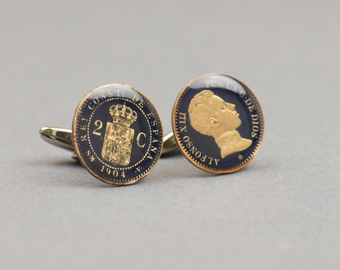 Cufflinks peseta Spain. Original Alfonso XIII coin.Enamelled coin.Stainless Steel leg.Mens gift