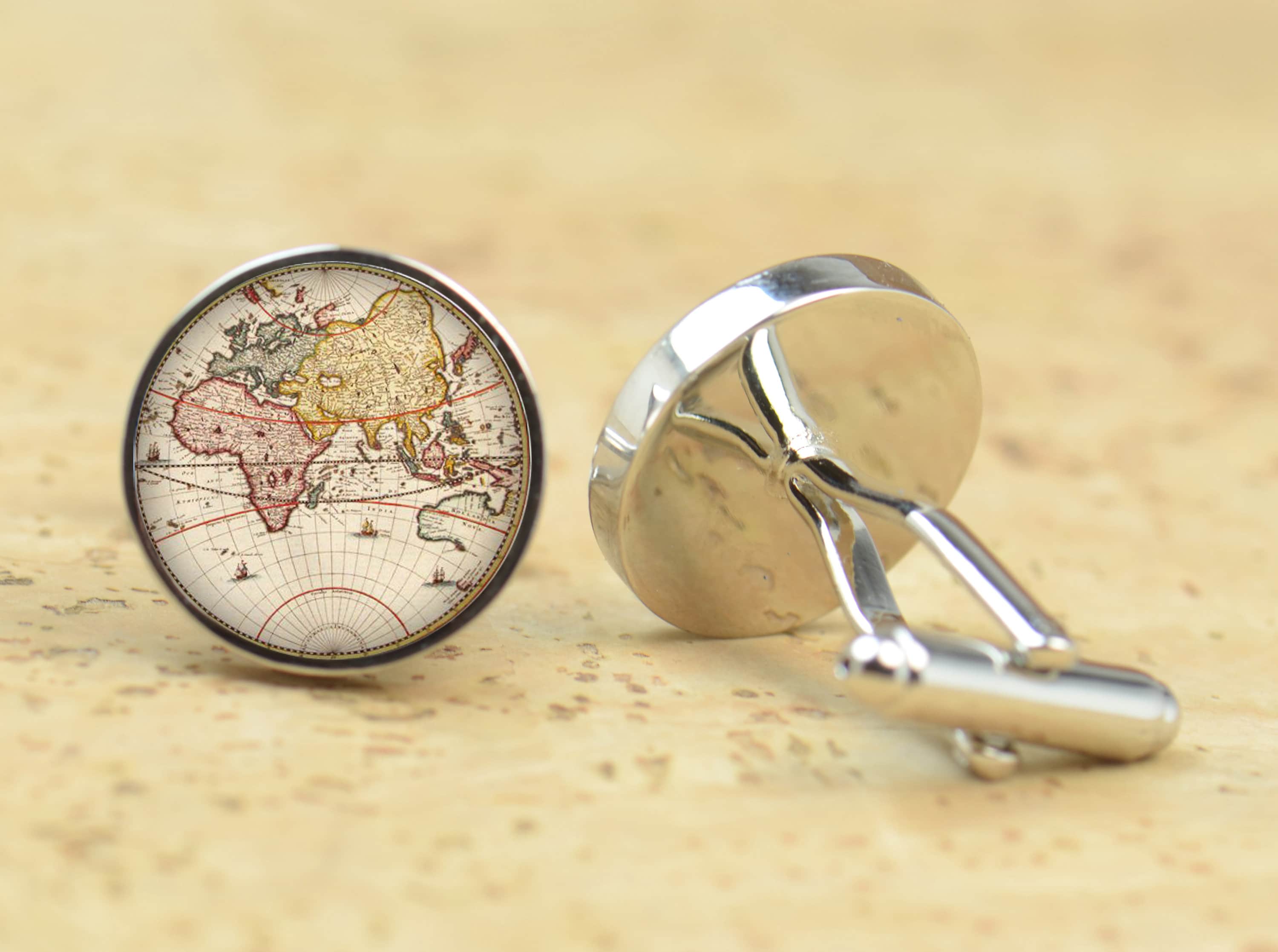 Kooer Gold Vintage World Map Cuff Links Personalized Map of The World Cufflinks Gift for Men