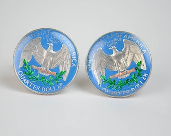 United States Coin Collector Gifts - Light Blue Quarter Cufflinks - Hand-Painted Enamelled Finish, Custom Colors, Real Coins, Mens Jewelry