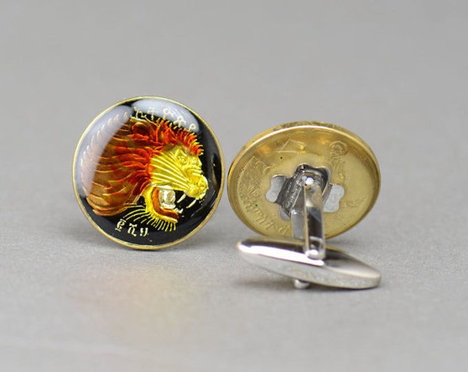Enamel  Cufflinks - Ethiopia Lion coin Coin Collector Gifts,Dad Coin Gift,Upcycled,mens gift accessories jewelry