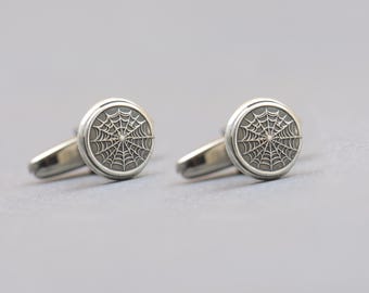 Black Widow Spider Cufflinks Gothic Style, Edgy Spiderweb Design Sterling Silver,  , Mens Formal Wear