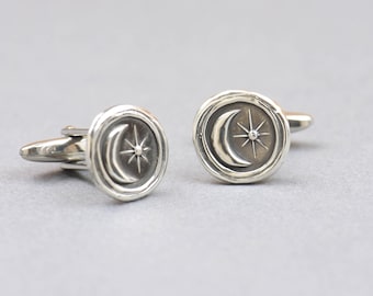 Moon Star sterling silver cufflinks.Men accessories,Cuff links-Stainless universe galaxy physics moon shot star