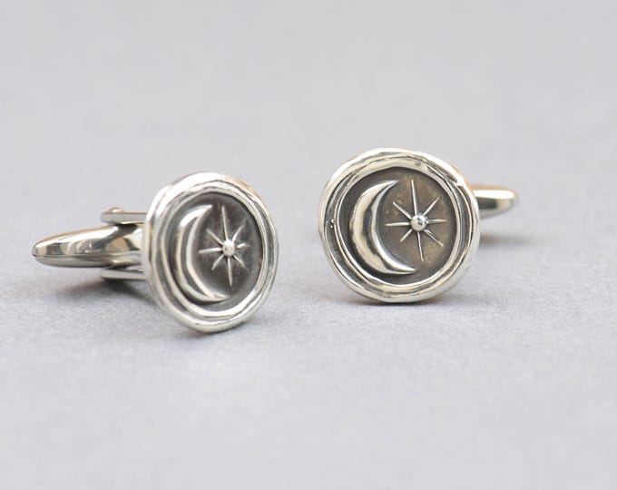 Moon Star sterling silver cufflinks.Men accessories,Cuff links-Stainless universe galaxy physics moon shot star