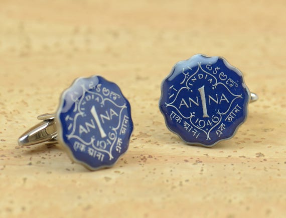 Coin Collector Gifts Blue Enamelled Indian Coin Cufflinks: Upcycled Classic Mens Jewelry, Real Coins | Adjustable Size, Unique Dad Gift