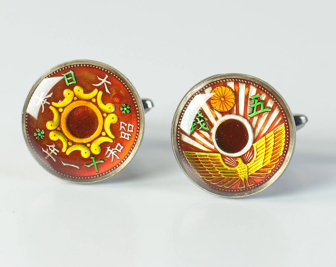 Japanese antique coin - Cufflinks  Japan Coin.Enamelled coin.Stainless Steel leg