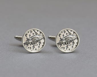 Raven sterling silver cufflinks.Men accessories,Magical Cufflinks,Mistic Cufflinks.Mystery cufflinks.Spiritual cufflinks.Moon