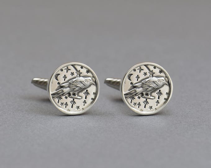 Raven sterling silver cufflinks.Men accessories,Magical Cufflinks,Mistic Cufflinks.Mystery cufflinks.Spiritual cufflinks.Moon