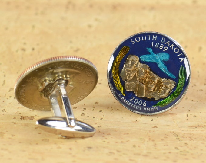 Cufflinks South Dakota Quarter. Enamelled cuff links.Stainless steel leg.Coin cufflinks.USA