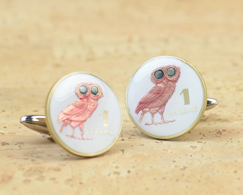 Coin Painted Cufflinks.Drachma Greece.Owl cufflinks Coin Collector Gifts,Dad Coin Gift,Upcycled,mens gift accessories jewelry