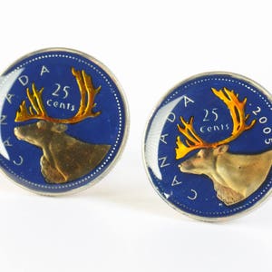 Coin Collector Gifts: Rustic Blue Deer Design - Hand Painted Canadian Coins, Enamel , Big Size Cufflinks for Men image 2