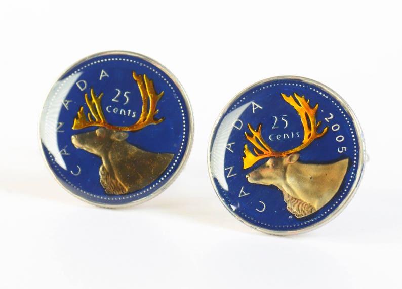 Coin Collector Gifts: Rustic Blue Deer Design - Hand Painted Canadian Coins, Enamel , Big Size Cufflinks for Men image 2