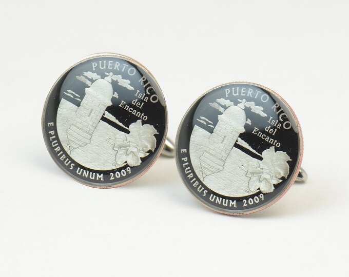 Cufflinks Puerto Rico Quarter. Enamelled cuff links.Stainless steel leg.Coin cufflinks.USA