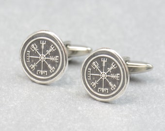 Viking vegvisir Compass sterling silver cufflinks.Men accessories,Stainless steel, Runes Cufflinks,Huld Manuscript Galdrastafir Magic Symbol