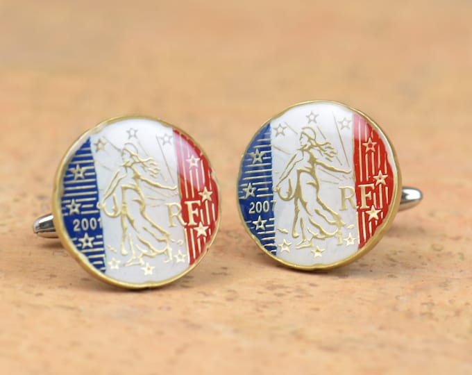 France Cufflinks - 20 cents Euro coins Coin Collector Gifts,Dad Coin Gift,Upcycled,mens gift accessories jewelry.France flag cufflinks