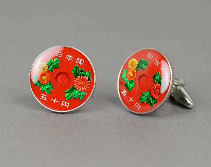 Japan Cufflinks 50 yen Coin Collector Gifts,Dad Coin Gift,Upcycled,mens gift accessories jewelry