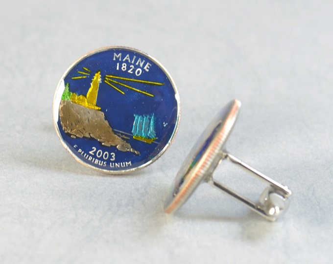 Cufflinks Maine Quarter. Enamelled cuff links.Stainless steel leg.Coin cufflinks.USA