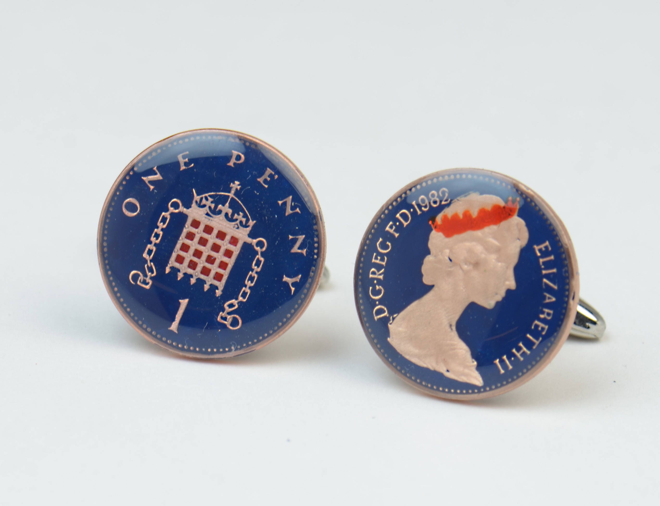 Coin Penny Painted Cufflinks United Kingdom.Great Britain