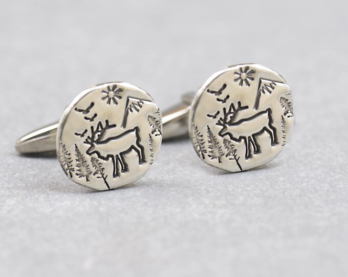 Deer on Mountain sterling silver cufflinks.Men accessories,Cuff links-sterling silver and stainless steel. Deer cufflinks.Nature cufflinks