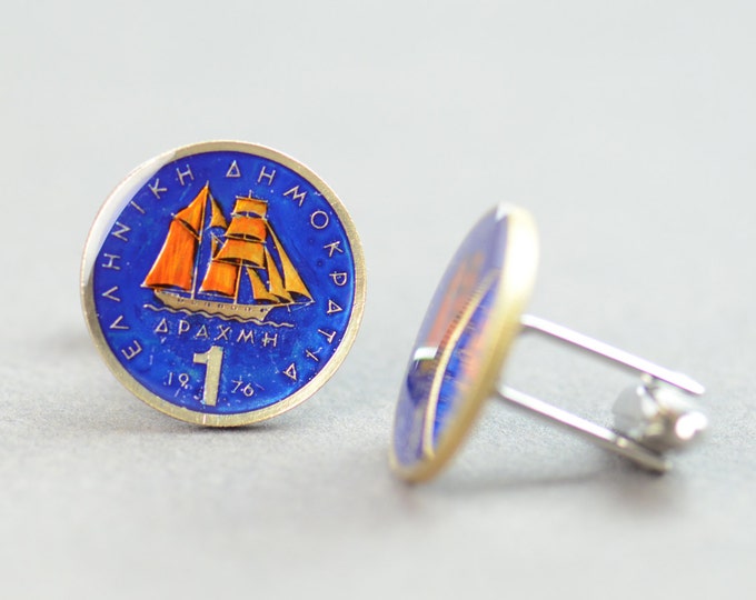 Sailing Cufflinks Greece coins Coin Collector Gifts,Dad Coin Gift,Upcycled,mens gift accessories jewelry