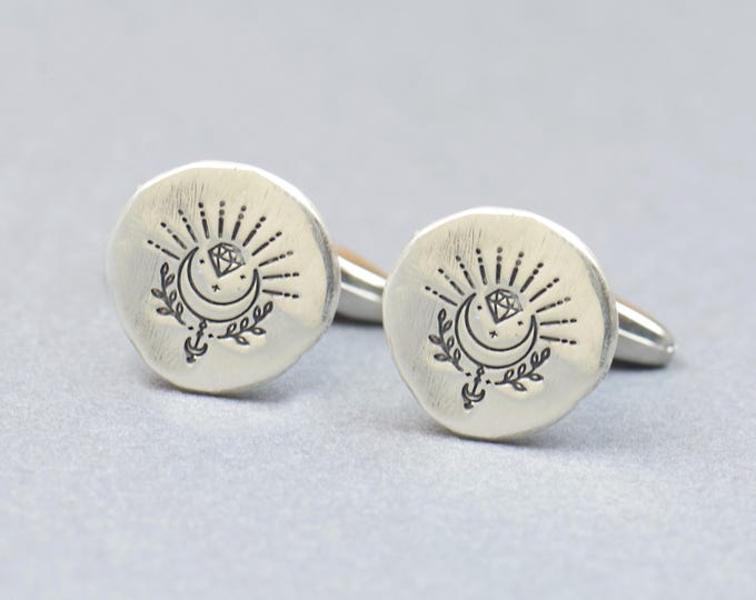 Moon crystals diamonds celestial sterling silver cufflinks.Men accessories,Cuff links- moon lovers.Celestial moon phases