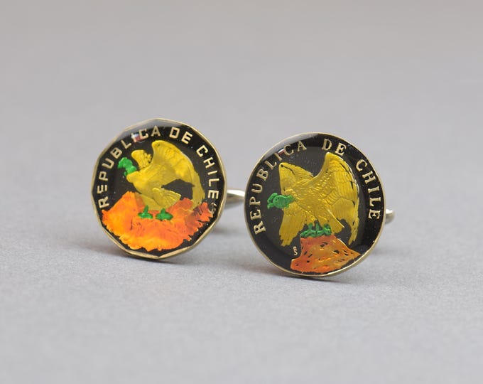 Enamel  Vulture Cufflinks - Chile coin Coin Collector Gifts,Dad Coin Gift,Upcycled,mens gift accessories jewelry