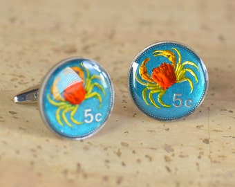 Enamel coin  marble crab cufflinks,coin from Malta Coin Collector Gifts,Dad Coin Gift,Upcycled,mens gift accessories jewelry