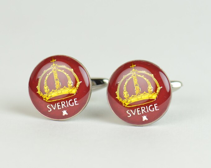 Cufflinks Sweden Sterling silver enamel Coin.Stainless Steel leg Coin Collector Gifts,Dad Coin Gift,Upcycled,mens gift accessories jewelry