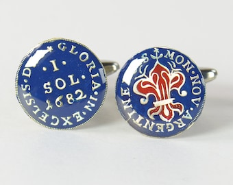 France Louis XIII Cufflinks Lis Flower: Hand Painted 1682 Sol Coin - Enamel , French Antique Style, Elegant Wedding Gift