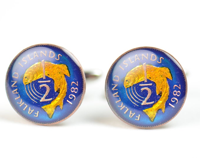 Cufflinks  Falkland Islands fish Coin Coin Collector Gifts,Dad Coin Gift,Upcycled,mens gift accessories jewelry