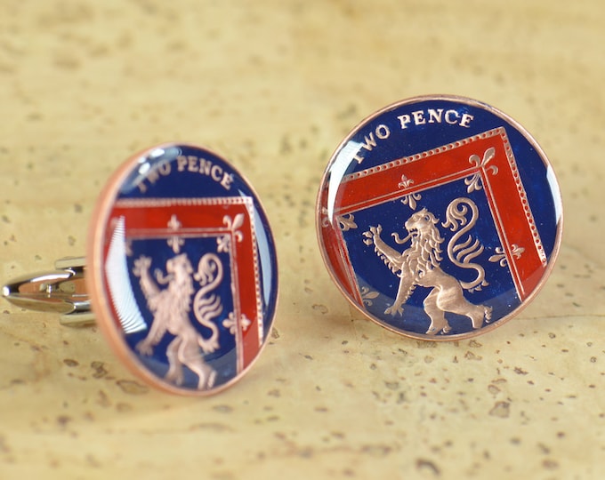 Coin 2 pence Great Britain Painted Cufflinks.United Kingdom.Big size coin Accessories mens cuff links gift jewelry
