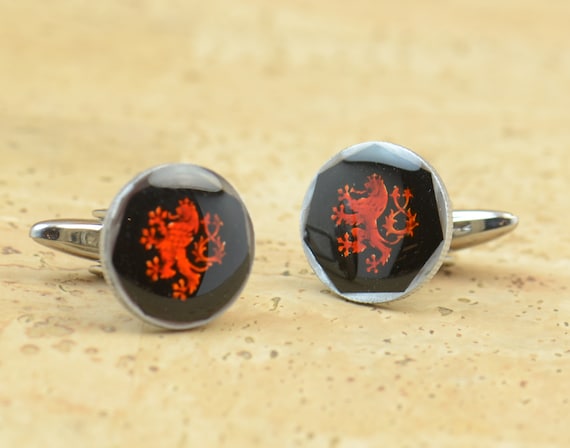 Lion Coin Collector Gift Cufflinks: Rampant Lion Design - Hand Painted Enamel, Black Enamelled, Upcycled Czech Coins, Mens Fashion Jewelry