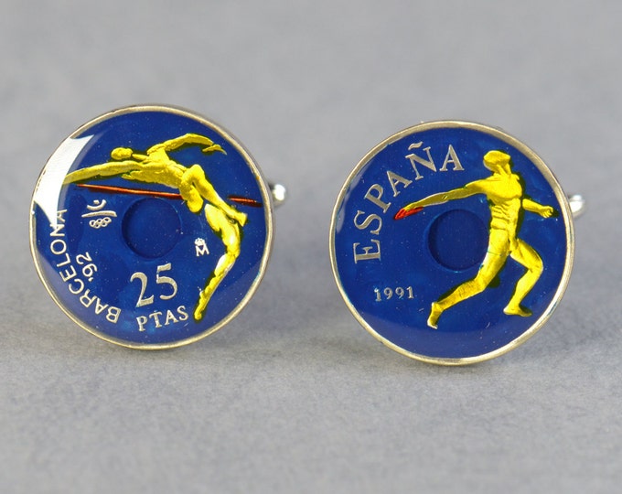 Barcelona 25 Pesetas Cufflinks coins.1992 Olympic Games Coin Collector Gifts,Dad Coin Gift,Upcycled,mens gift accessories jewelry