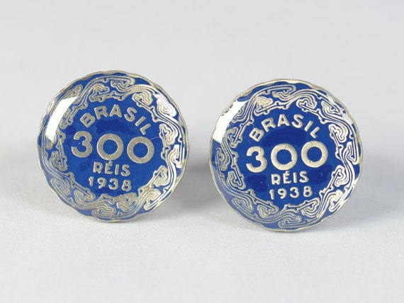 Brazilian Coin Gift Cufflinks, Hand Painted Blue Enamelled Finish Upcycled Coins, Mens Formal Wear, Artisan Crafted, Unique Dad Present