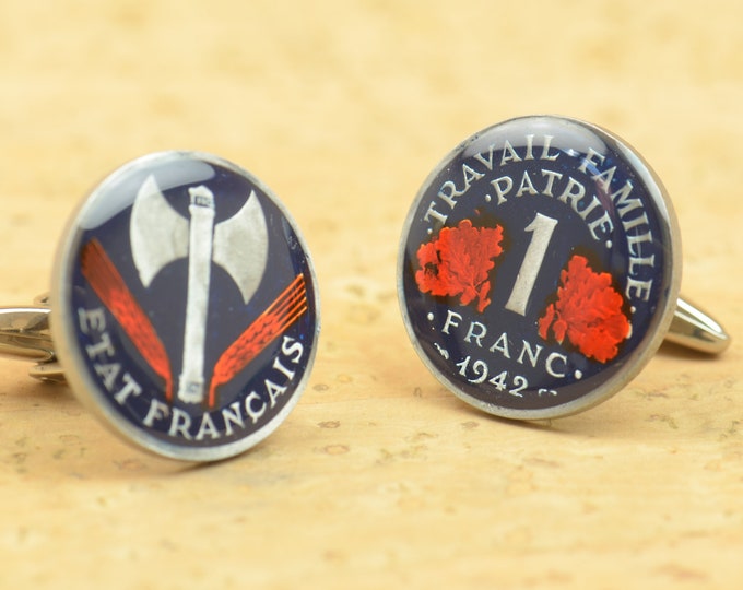 Cufflinks France enamel 50 Centimes Coin.Mens gift cuff links accessories