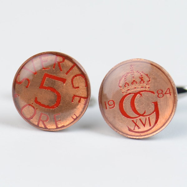 Swedish Bronze Coin Enamel Cufflinks, "Sverige 5 Ore" Sweden Scandinavian