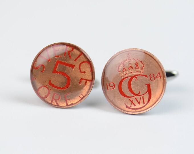 Swedish Bronze Coin Enamel Cufflinks, "Sverige 5 Ore" Sweden Scandinavian