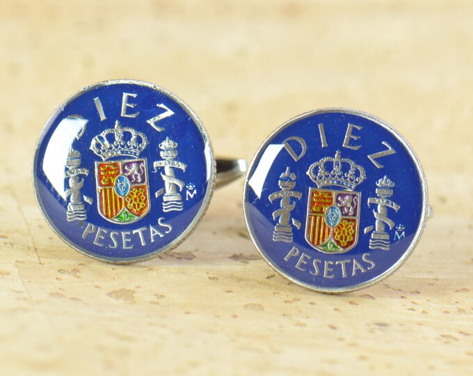 Cufflinks Spanish Vintage enamel coin - gemelos peseta Spain Coin Collector Gifts,Dad Coin Gift,Upcycled,mens gift accessories jewelry