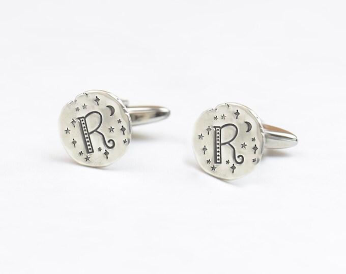 Customized initial letter sterling silver cufflinks. Personalized cufflinks,Men accessories,gifts for men,him.Moon cufflinks,stars universe