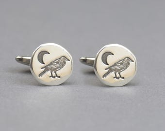 Moon Raven Sterling Silver Cufflinks: Mystical Night Design, Spiritual Symbolism | , Elegant Mens Jewelry | Gift Ready
