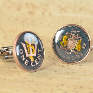 Cufflinks Coin From Barbados - Real Coin Pair, Grey Enamelled Finish, Upcycled Mens Jewelry, Collector Gift
