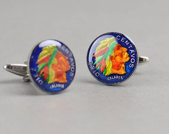 Enamel  Cufflinks-Colombia Indian  Coin
